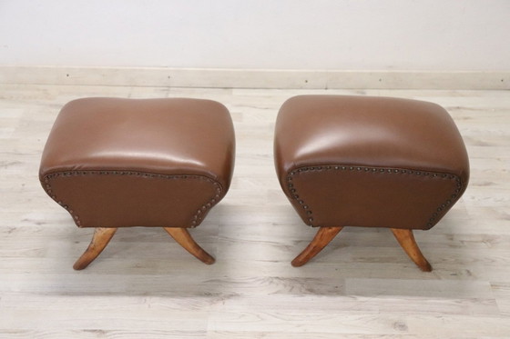 Image 1 of Mid-Century Brown Faux Leather Poufs, Set Of 2