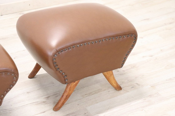 Image 1 of Mid-Century Brown Faux Leather Poufs, Set Of 2