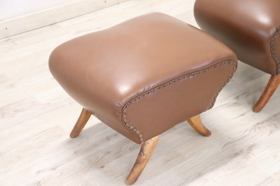 Image 1 of Mid-Century Brown Faux Leather Poufs, Set Of 2