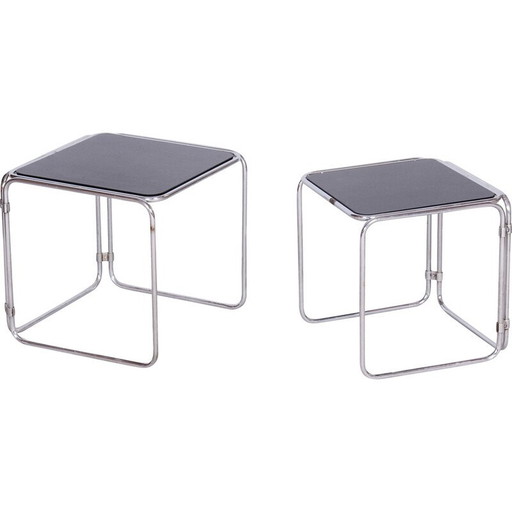 Vintage nesting tables in chrome-plated steel and Opaxit glass, Czechoslovakia 1960
