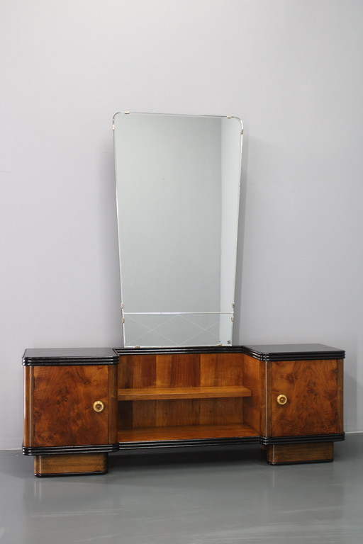 1940S Italian Art Deco Mirror Cabinet In Walnut Finish