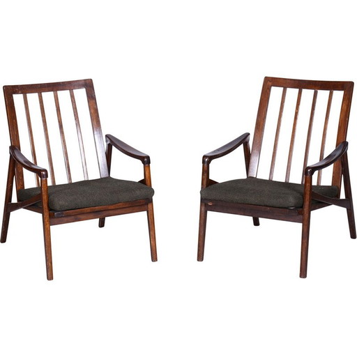 Pair of mid-century armchairs in stained beechwood and fabric, Czechia 1960s