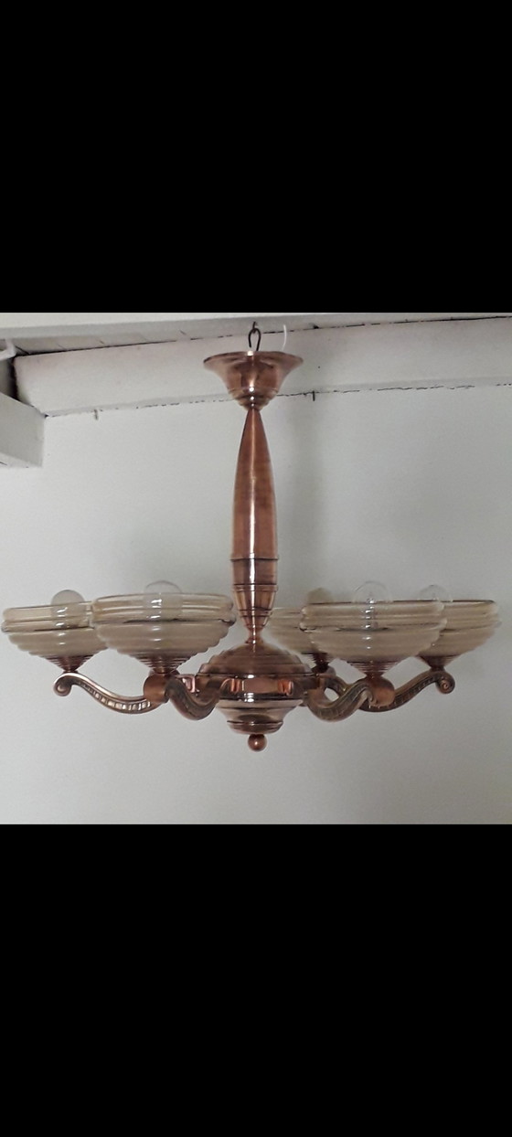 Image 1 of Art Deco Bronze Copper-Patina Chandelier