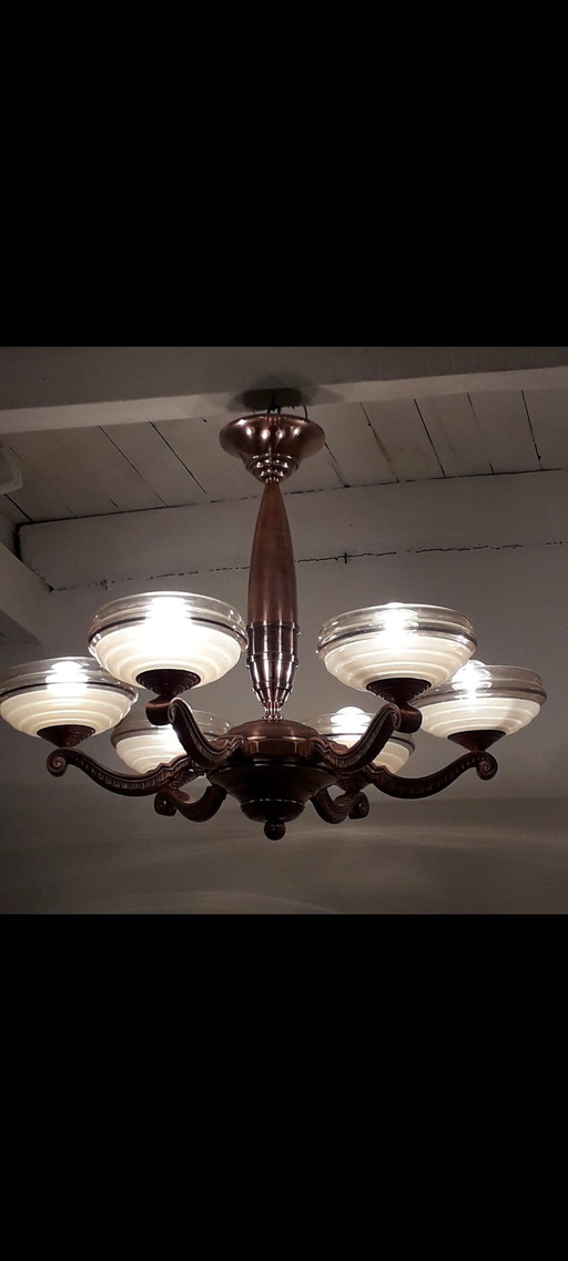 Art Deco Bronze Copper-Patina Chandelier