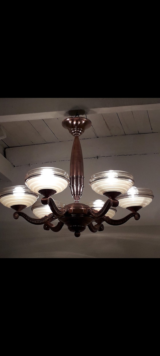 Image 1 of Art Deco Bronze Copper-Patina Chandelier