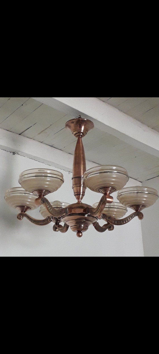 Image 1 of Art Deco Bronze Copper-Patina Chandelier