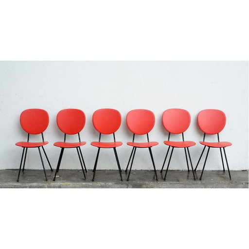 6 Vintage red leatherette chairs and meta 1950's tubing