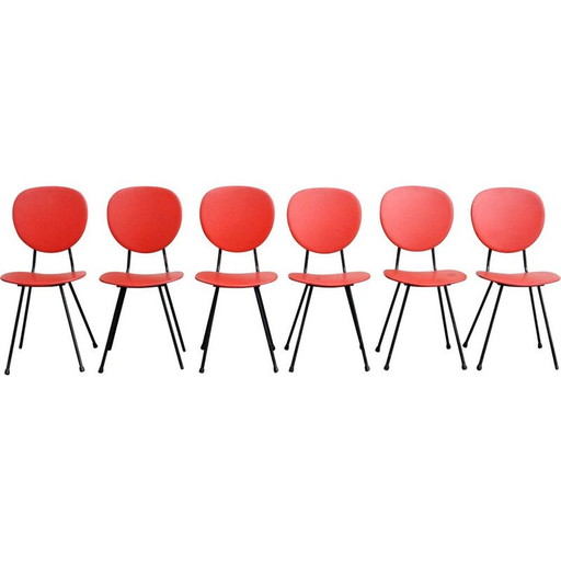 6 Vintage red leatherette chairs and meta 1950's tubing