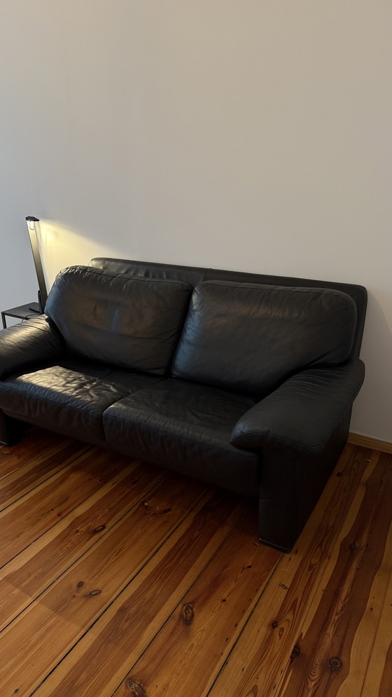 Image 1 of Black Leather Sofa / Two Seater