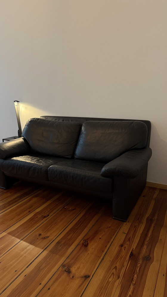 Image 1 of Black Leather Sofa / Two Seater