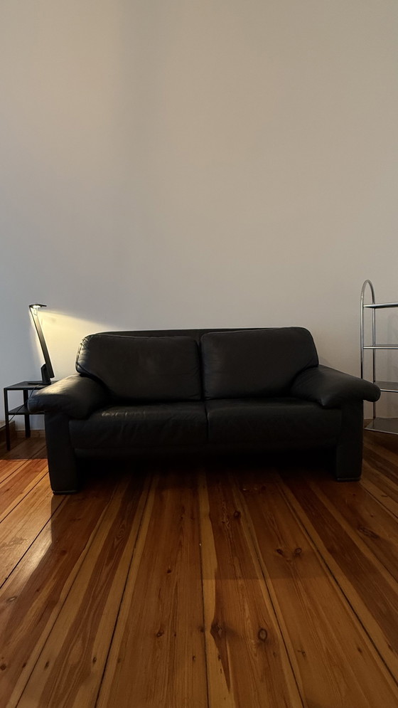 Image 1 of Black Leather Sofa / Two Seater