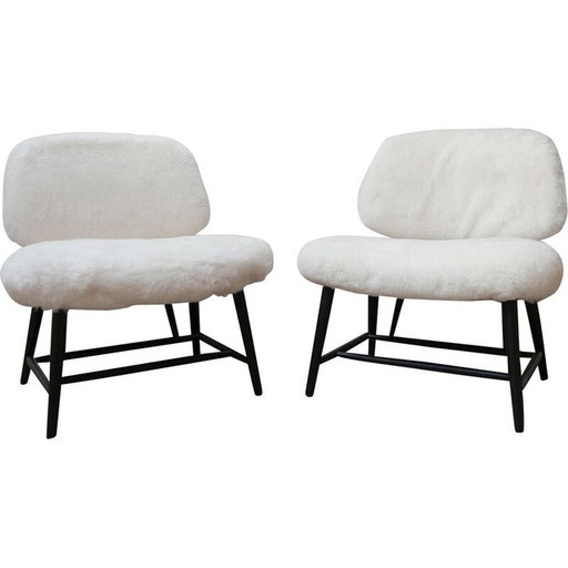 Pair of vintage teve sheepskin armchairs by Alf Svensson, Sweden 1950
