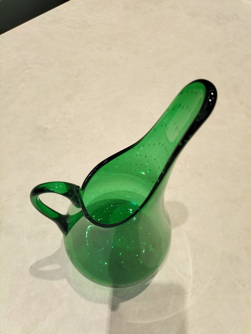 Glass Carafe Blown And Bubbled Green