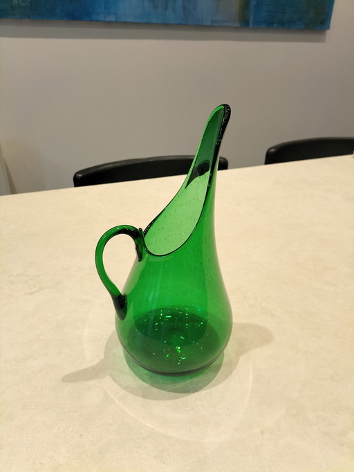 Glass Carafe Blown And Bubbled Green