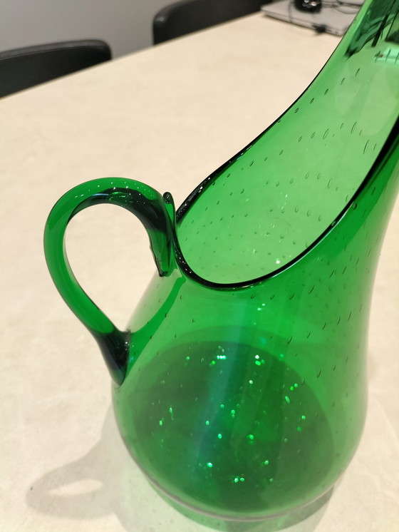 Image 1 of Glass Carafe Blown And Bubbled Green