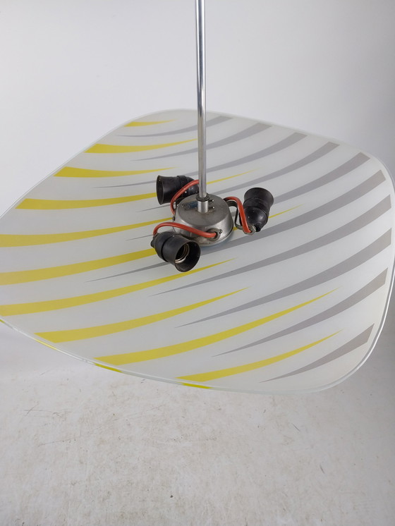 Image 1 of  1 X Yellow White Glass Ceiling Light 1960'S Czech 60Cm Beautiful Graphic Drawing. 52 Cm Diameter 70 Cm High