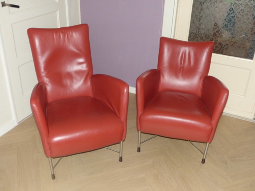 2x Jess Design brick red leather armchairs