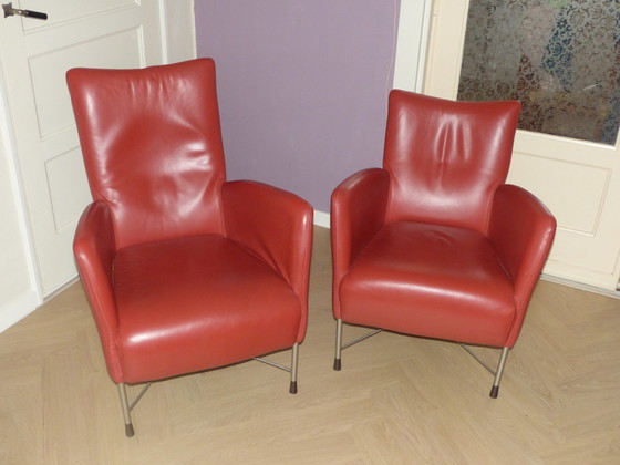 Image 1 of 2x Jess Design brick red leather armchairs