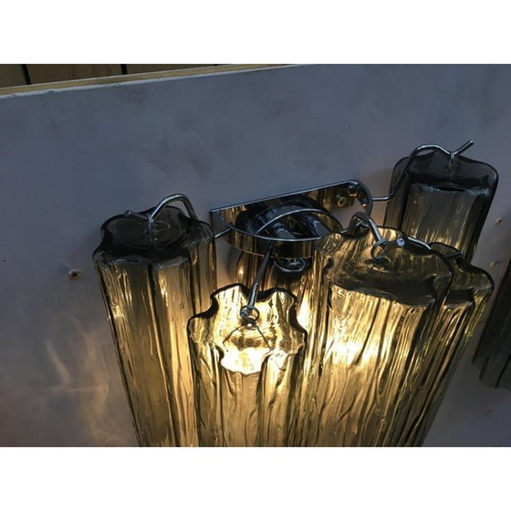 Image 1 of A Pair Of Contemporary Murano Glass Wall Sconces In Gray Color With A Kromo Metal Frame, Mazzega Zuccheri Venini Barovier Style