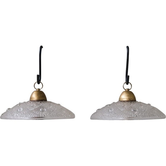 Image 1 of Pair of vintage brass and glass pendant lamp, France 1960