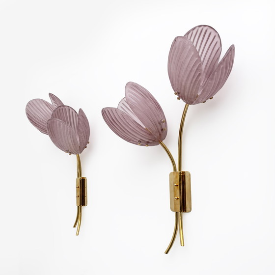 Image 1 of 2x Tulips Murano Glass And Brass Sconces