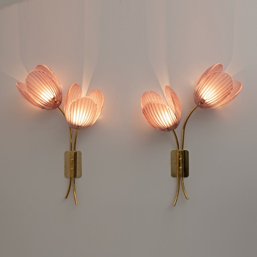 2x Tulips Murano Glass And Brass Sconces