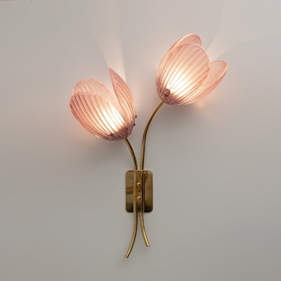 Image 1 of 2x Tulips Murano Glass And Brass Sconces