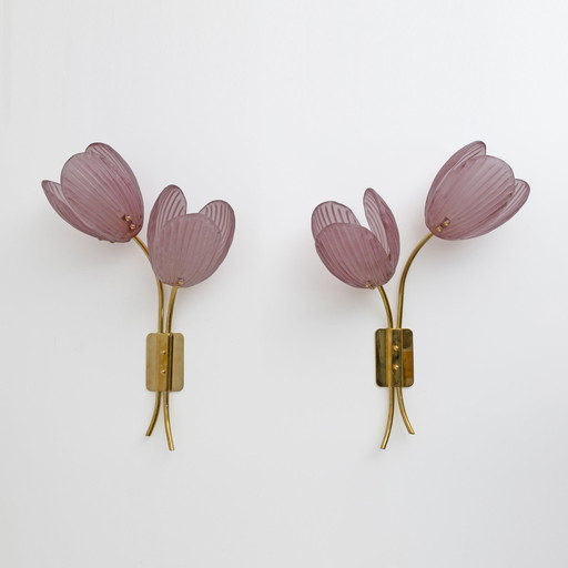 2x Tulips Murano Glass And Brass Sconces