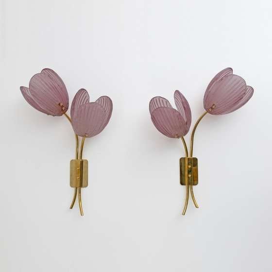 Image 1 of 2x Tulips Murano Glass And Brass Sconces