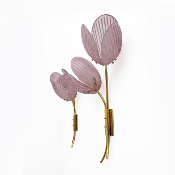 Image 1 of 2x Tulips Murano Glass And Brass Sconces