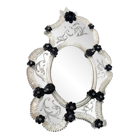 Image 1 of Venetian Black Floreal Hand-Carving Mirror In Murano Glass Style