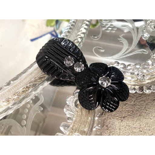 Venetian Black Floreal Hand-Carving Mirror In Murano Glass Style