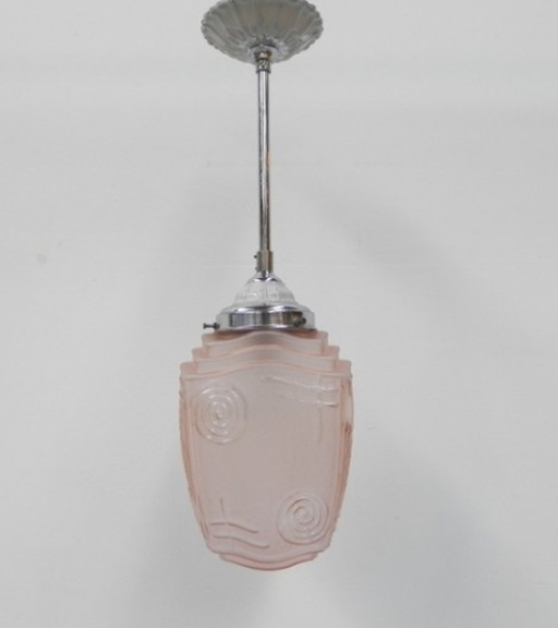 Art deco hanging lamp with pink glass shade