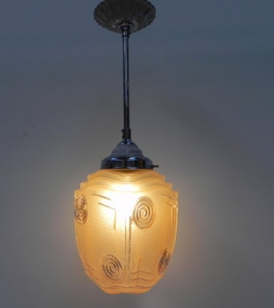 Image 1 of Art deco hanging lamp with pink glass shade