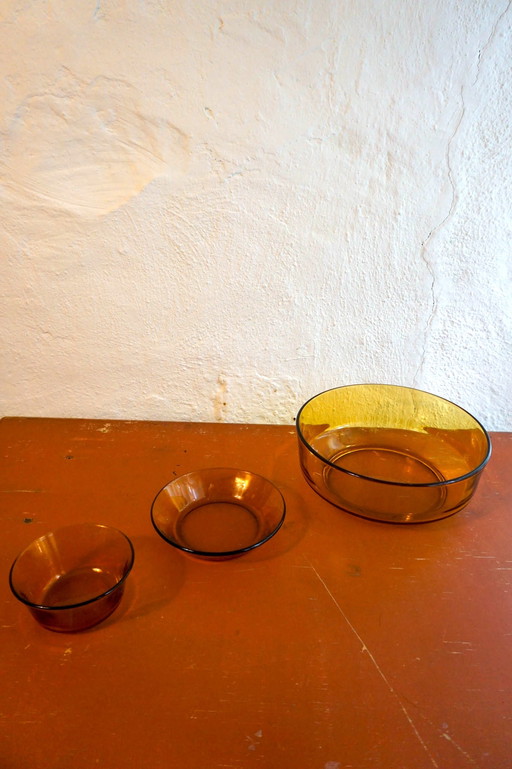 3x Orange amber glass serving bowls salad bowl leftovers