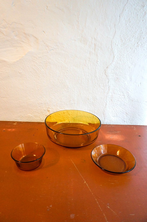 3x Orange amber glass serving bowls salad bowl leftovers