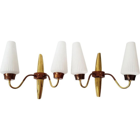 Image 1 of Pair of vintage brass and copper wall lamps, French