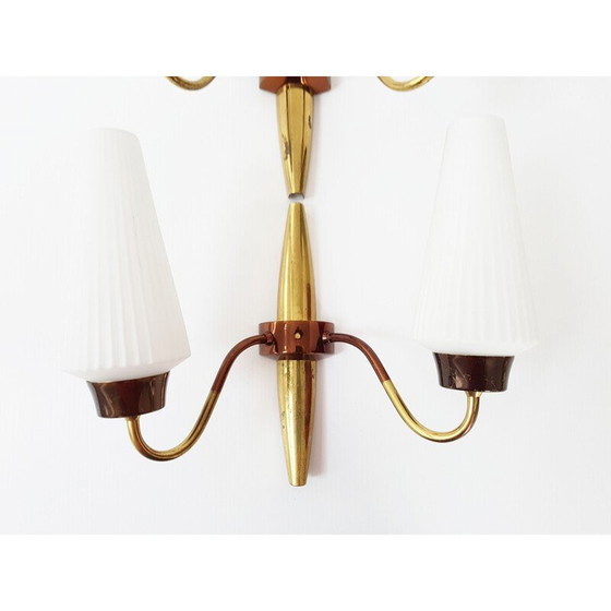 Image 1 of Pair of vintage brass and copper wall lamps, French