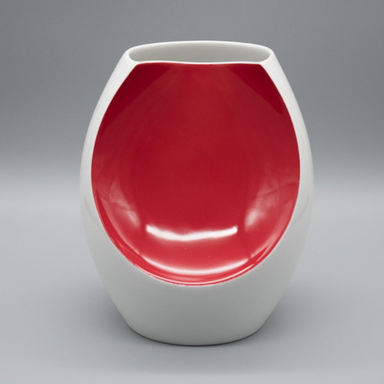 Image 1 of Mid-Century Modern Scherzer Bavaria Porcelain Vase Glossy White & Red Space-Age 