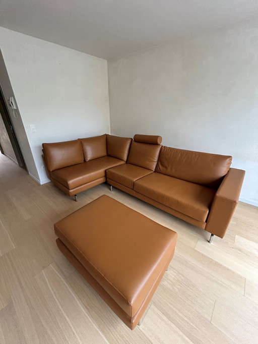 Canapé en cuir vintage avec chaise longue et pouf