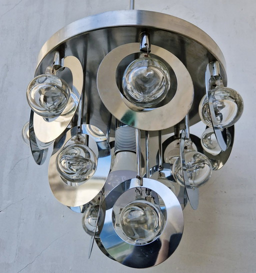 Lampada a sospensione vintage • Oscar Torlasco • Stilkronen • Vetro e acciaio • Murano • Era spaziale • 1970