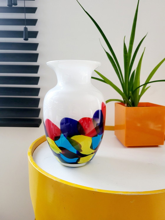 Image 1 of Multi Color Glass Vase, Primary Colors With White Glass