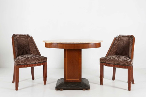 Art Deco Side Table By De Coene Freres With Wood Inlay And Marble Top, 1930S