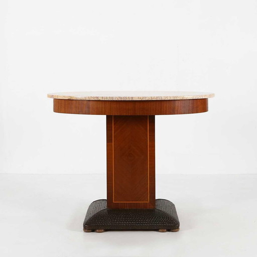 Art Deco Side Table By De Coene Freres With Wood Inlay And Marble Top, 1930S