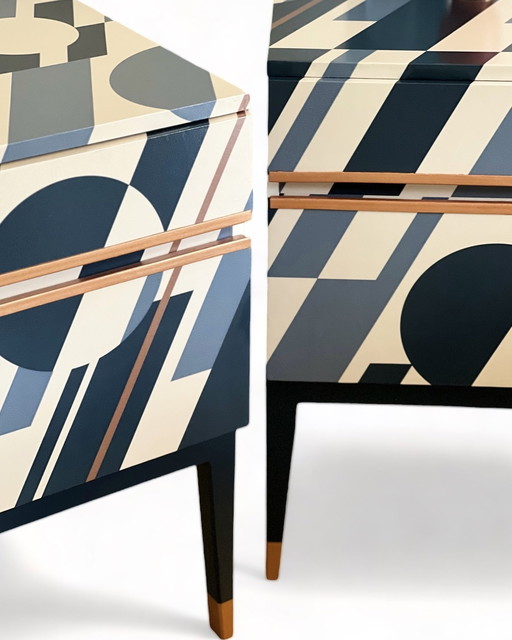 2x Vintage Nightstands with beautiful retro print by Mini Moderns