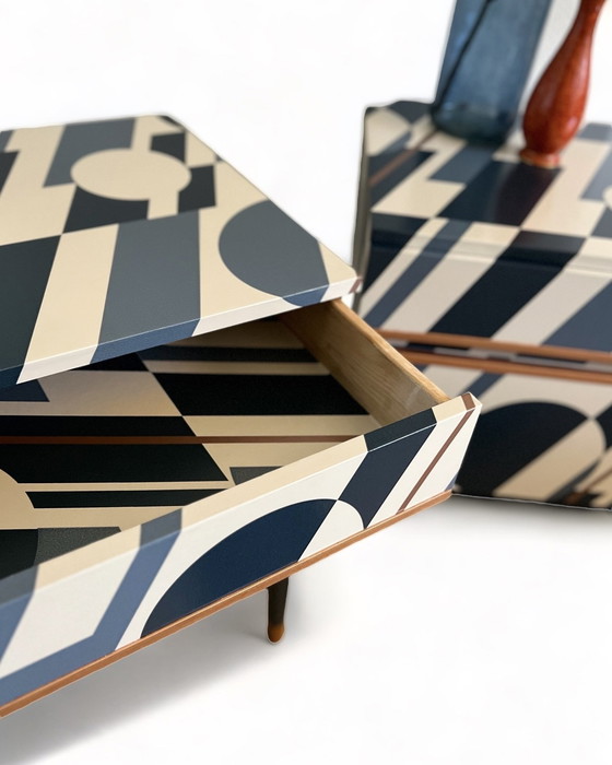 Image 1 of 2x Vintage Nightstands with beautiful retro print by Mini Moderns