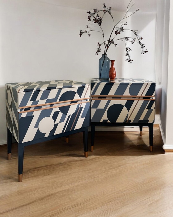 Image 1 of 2x Vintage Nightstands with beautiful retro print by Mini Moderns