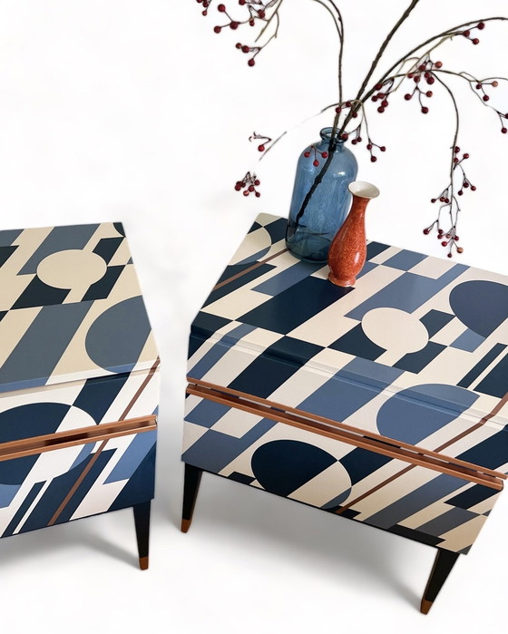 Image 1 of 2x Vintage Nightstands with beautiful retro print by Mini Moderns