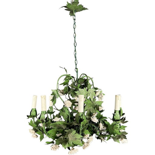 Vintage foliage chandelier in painted sheet metal and porcelain flowers with 8 arms, 1970