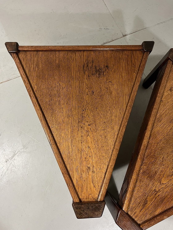 Image 1 of Brutalist Triangular Oak Salon Or Side Tables 1970'S